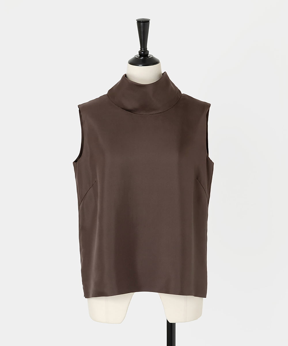 EAUVIRE スタンドカラーノースリーブブラウス ブラウン