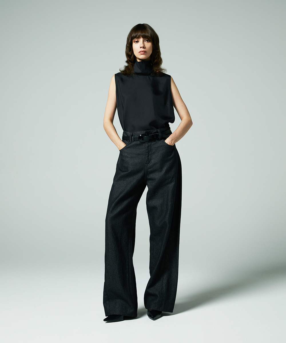 EAUVIRE スタンドカラーノースリーブブラウス ブラウン