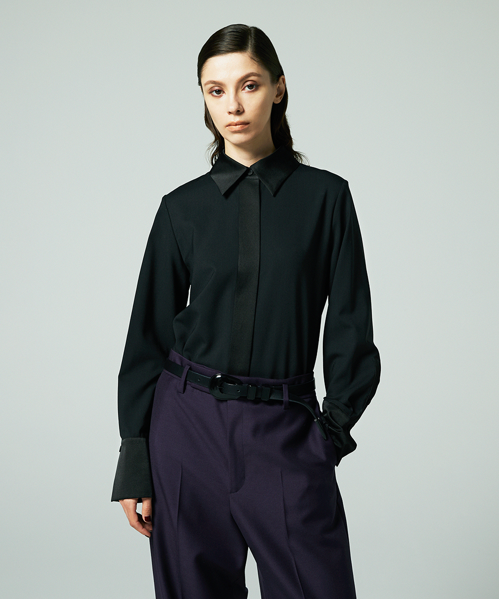 EAUVIRE サテンカラーシャツ ブラック