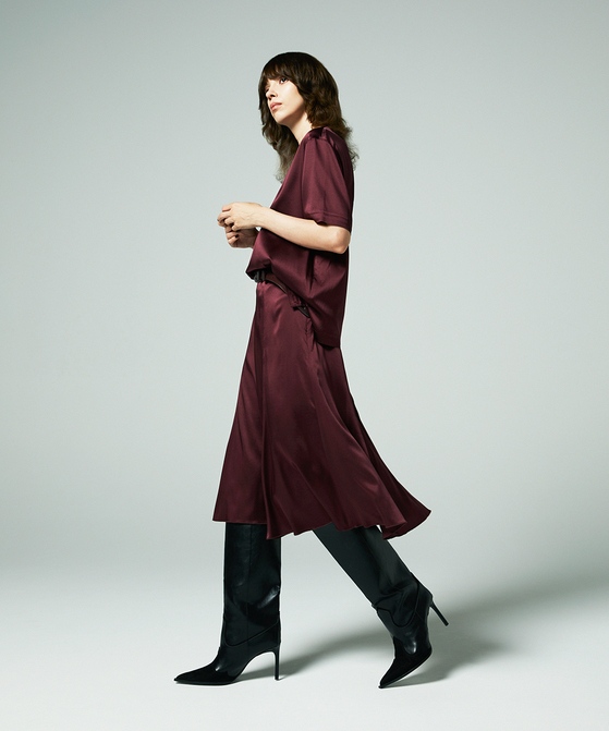 EAUVIRE ウォッシャブルシルクTブラウス バーガンディ