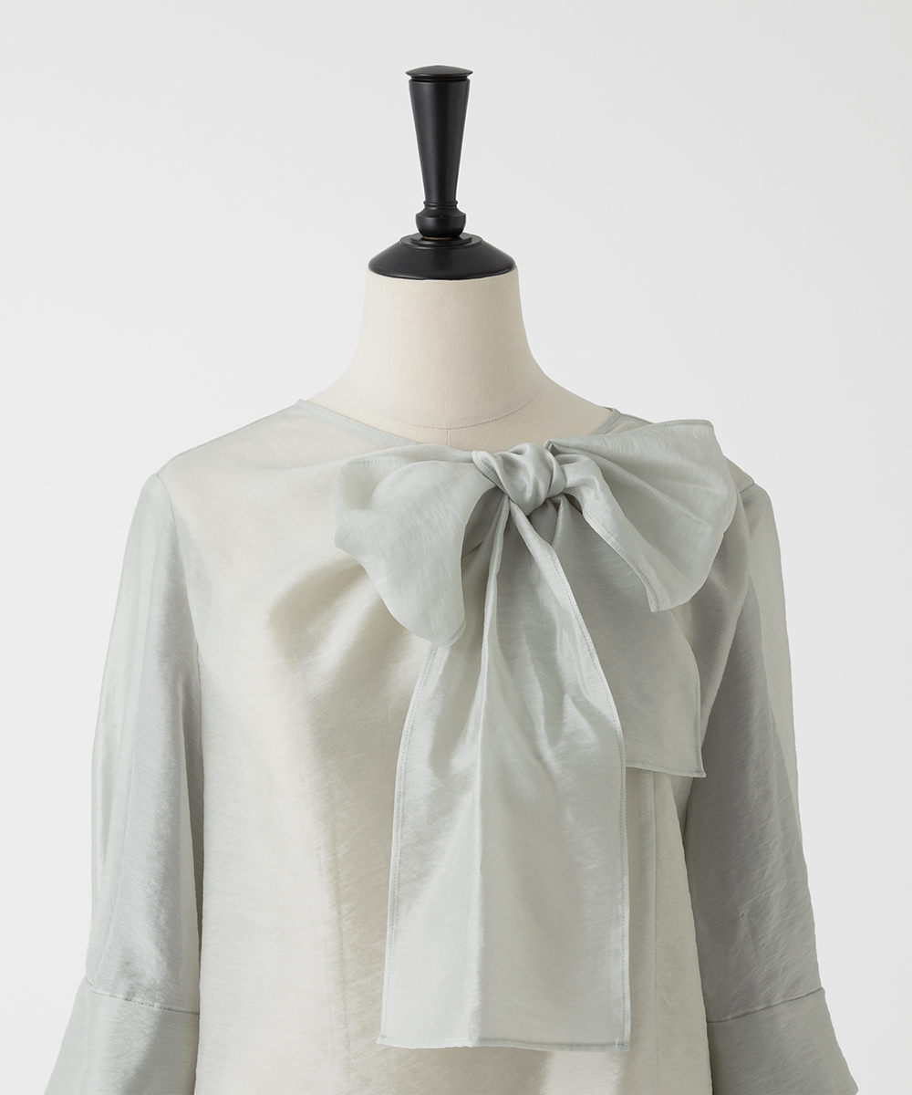 EAUVIRE ハーフスリーブボウタイブラウス ライトグレー