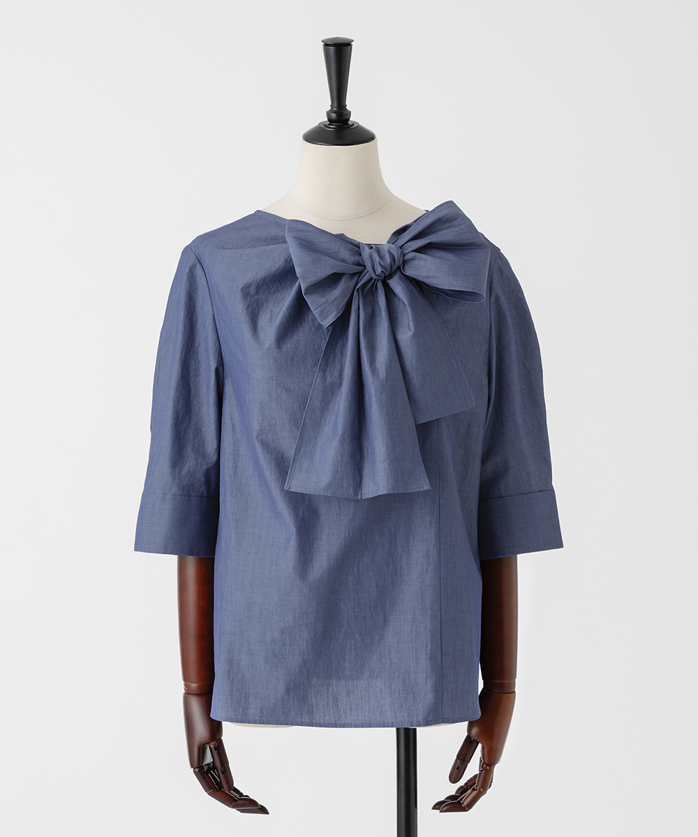 EAUVIRE ハーフスリーブボウタイブラウス ブルー