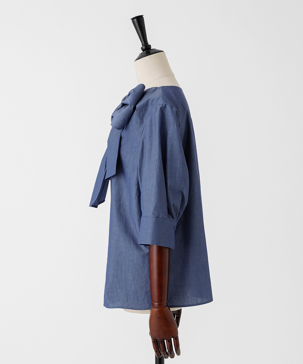 EAUVIRE ハーフスリーブボウタイブラウス ブルー