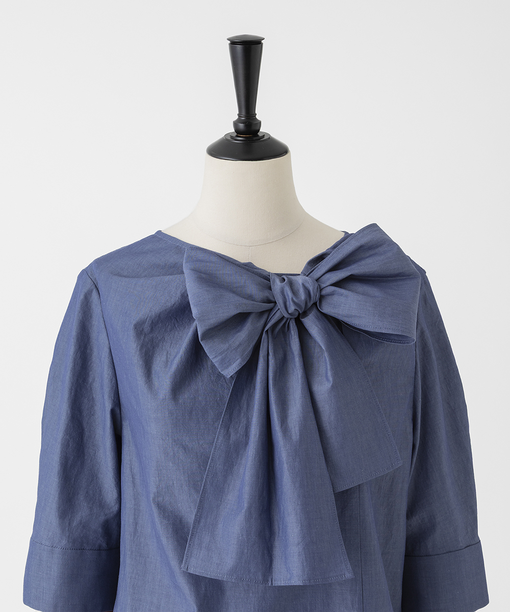 EAUVIRE ハーフスリーブボウタイブラウス ブルー