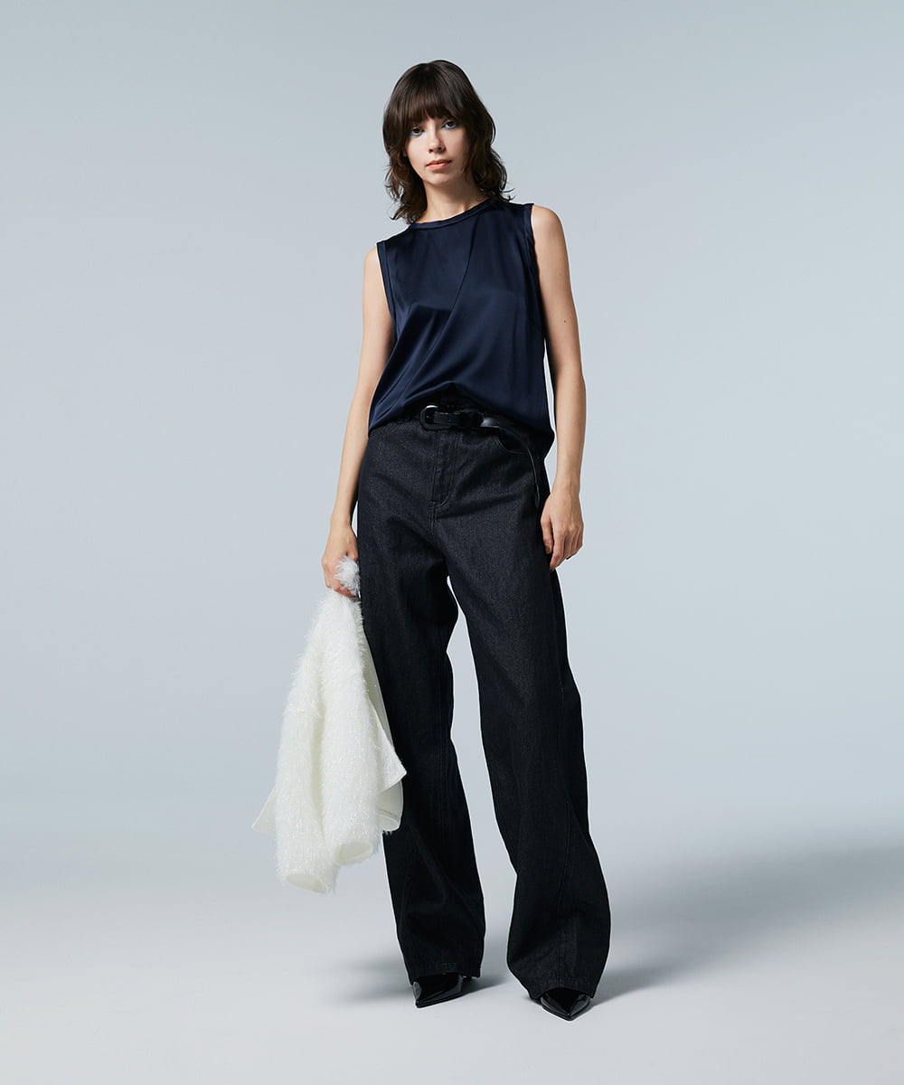 EAUVIRE ウォッシャブルシルクノースリーブブラウス ネイビー