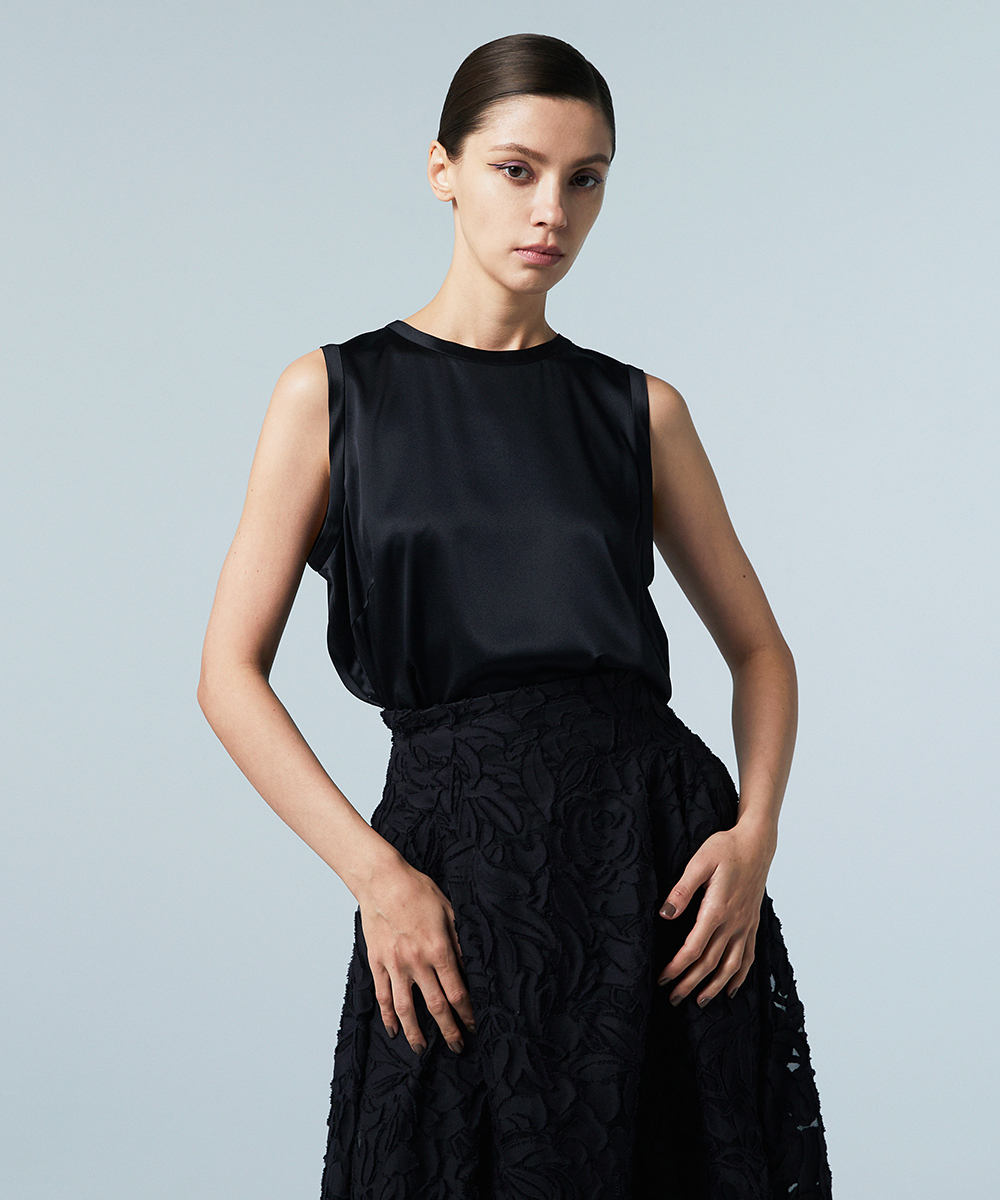 EAUVIRE ウォッシャブルシルクノースリーブブラウス ブラック