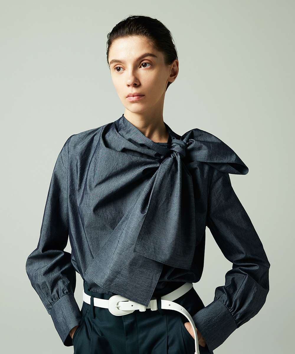 EAUVIRE シャンブレーボウタイブラウス ネイビー