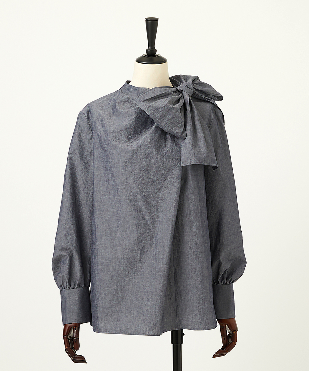 EAUVIRE シャンブレーボウタイブラウス ネイビー
