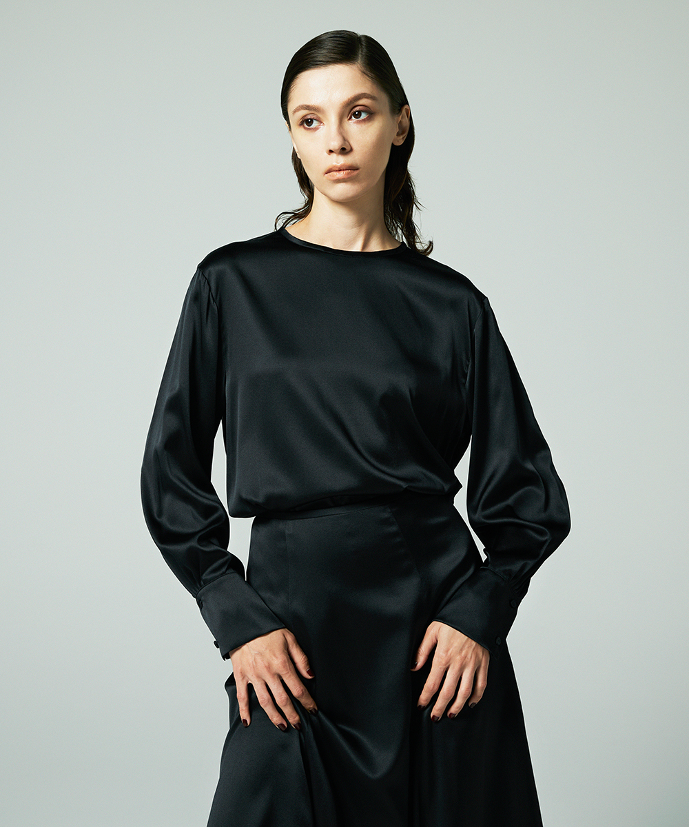 EAUVIRE ウォッシャブルシルクロングスリーブブラウス ブラック