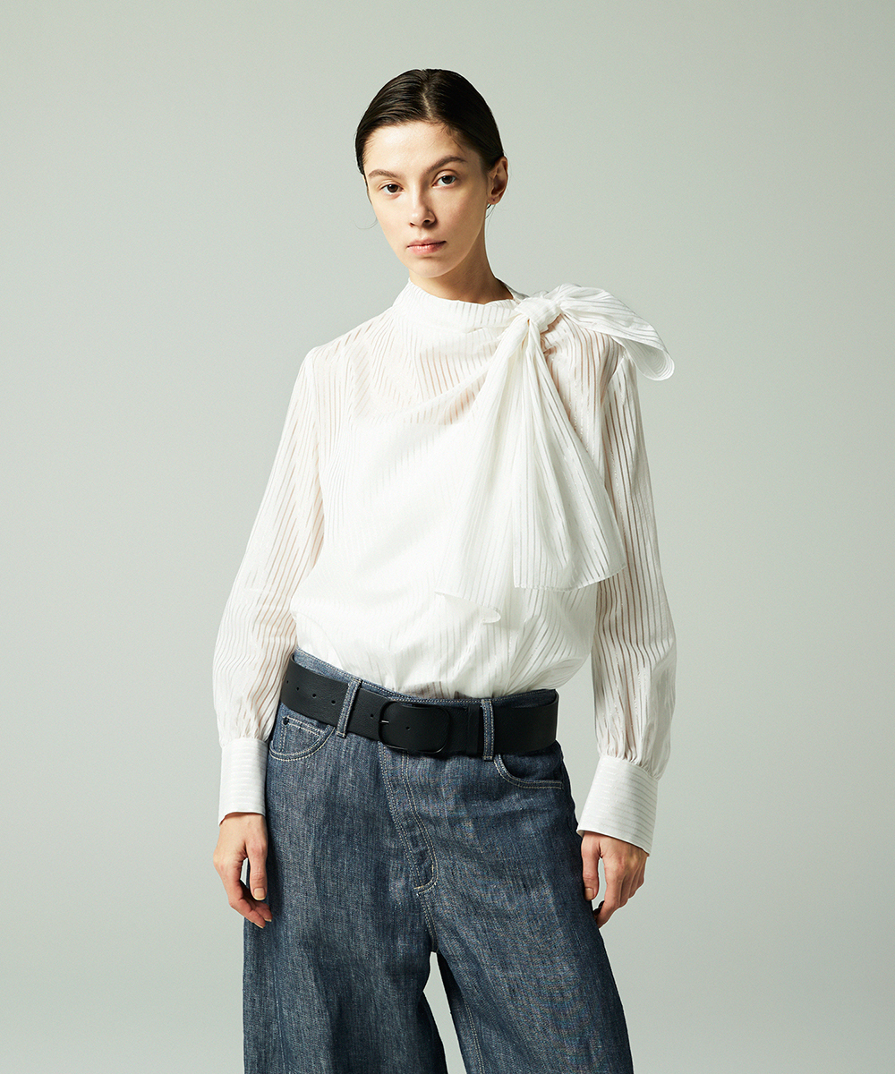 EAUVIRE ストライプボウタイブラウス ホワイト