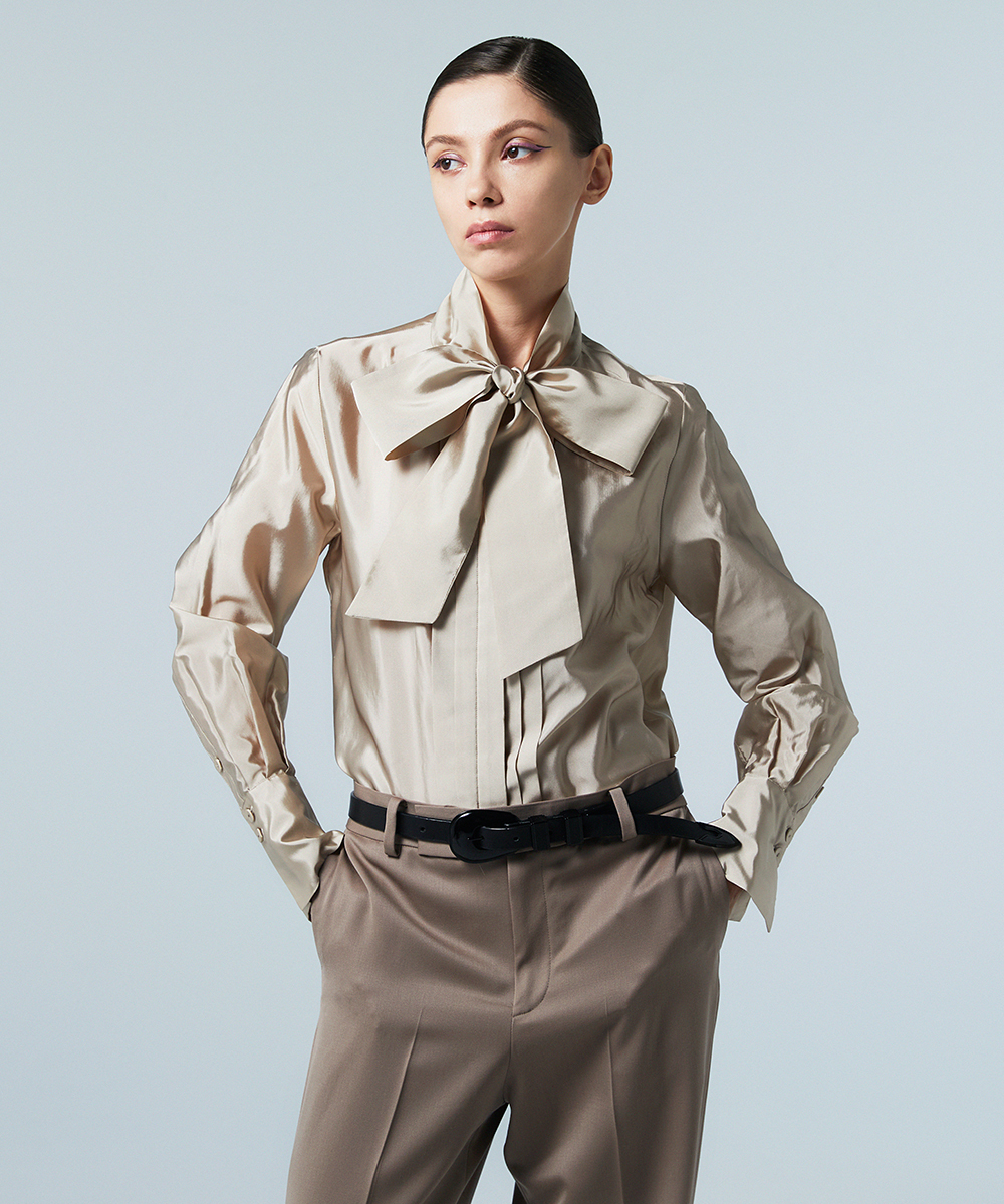 EAUVIRE シルク混タフタボウブラウス グリーン