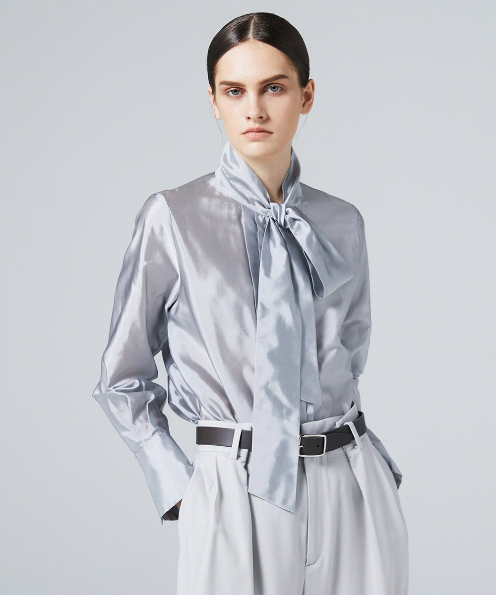 EAUVIRE シルク混タフタボウブラウス グリーン