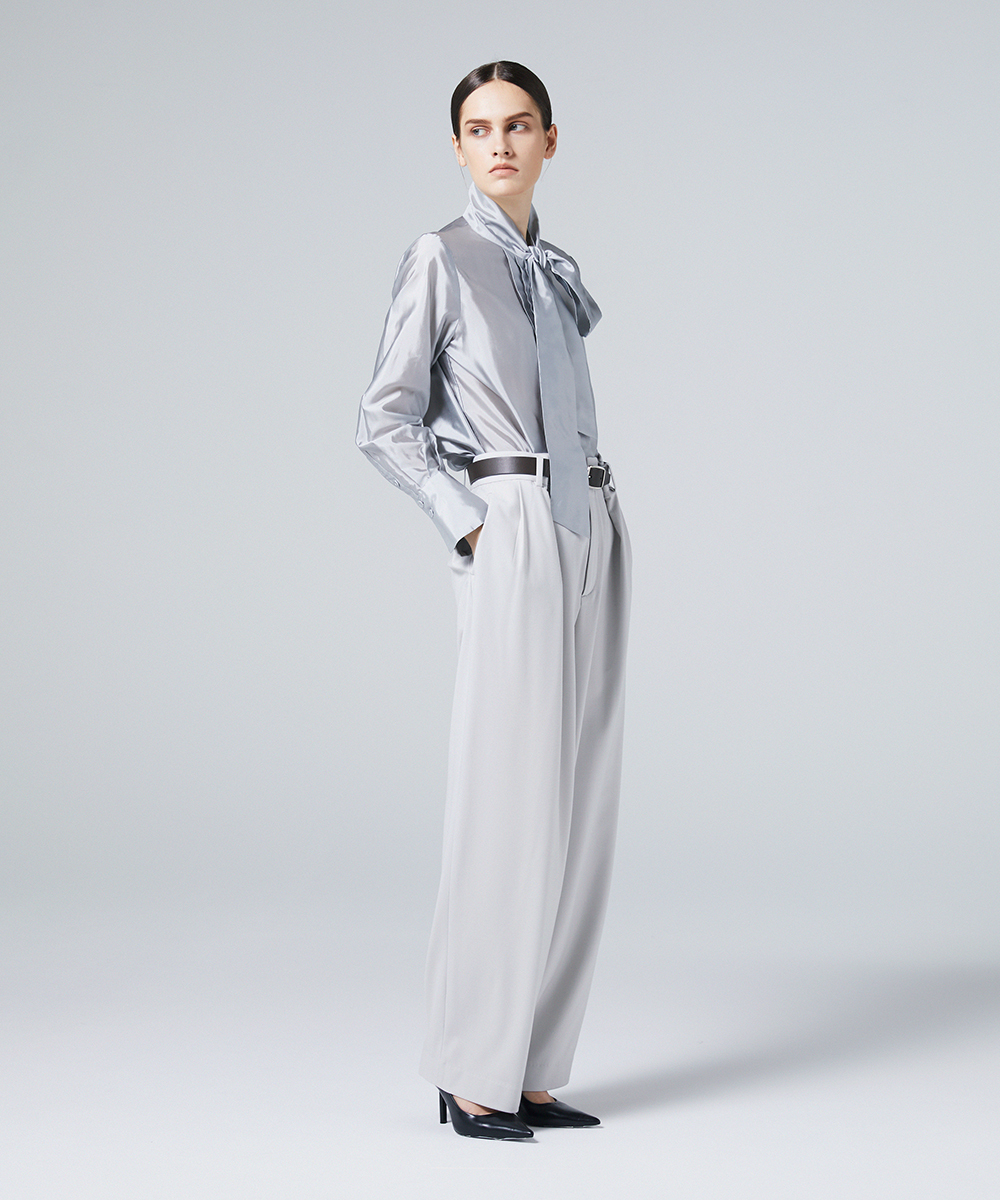 EAUVIRE シルク混タフタボウブラウス グリーン