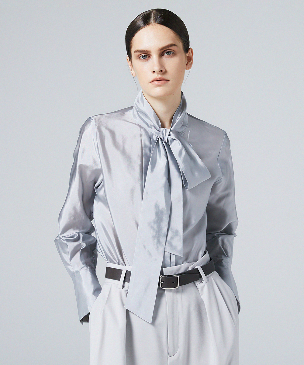 EAUVIRE シルク混タフタボウブラウス グレー