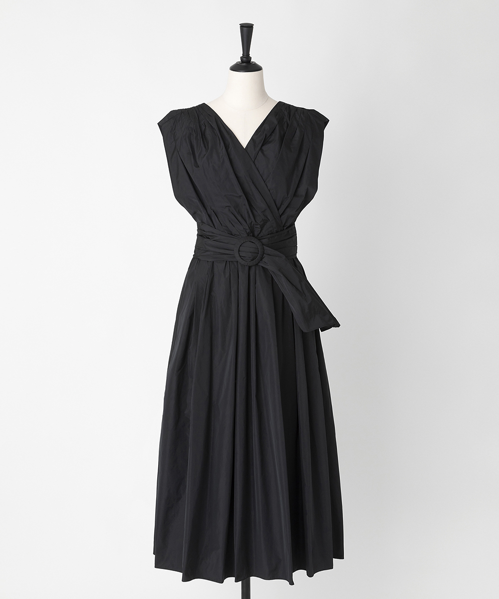 EAUVIRE タックギャザーベルトドレス ブラック