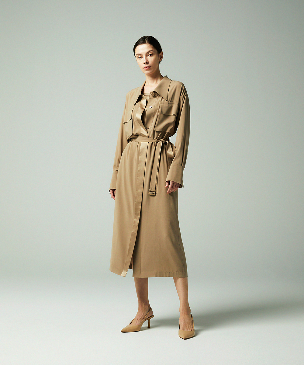 EAUVIRE ウォッシャブルシルクシャツドレス キャメル