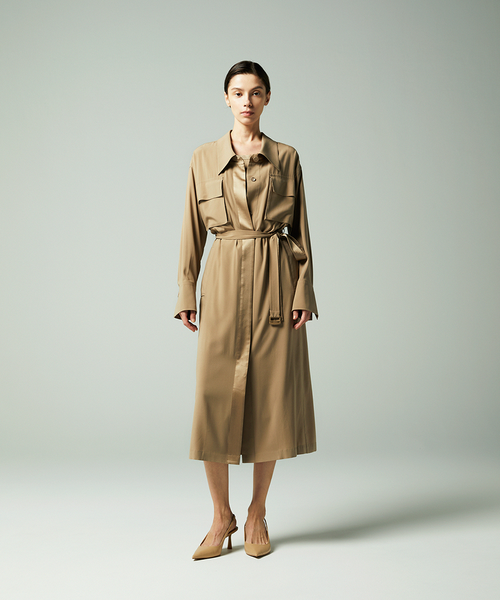 EAUVIRE ウォッシャブルシルクシャツドレス キャメル