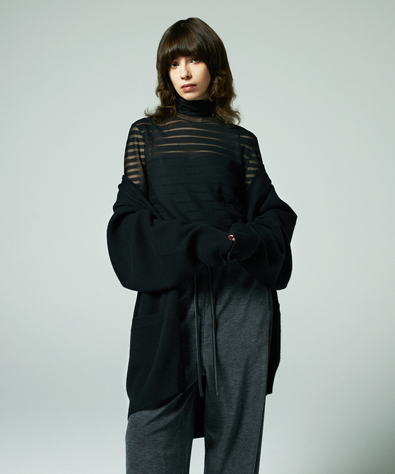 シアーボーダータートルネックニットプルオーバー