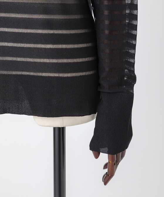 EAUVIRE シアーボーダータートルネックニットプルオーバー ブラック