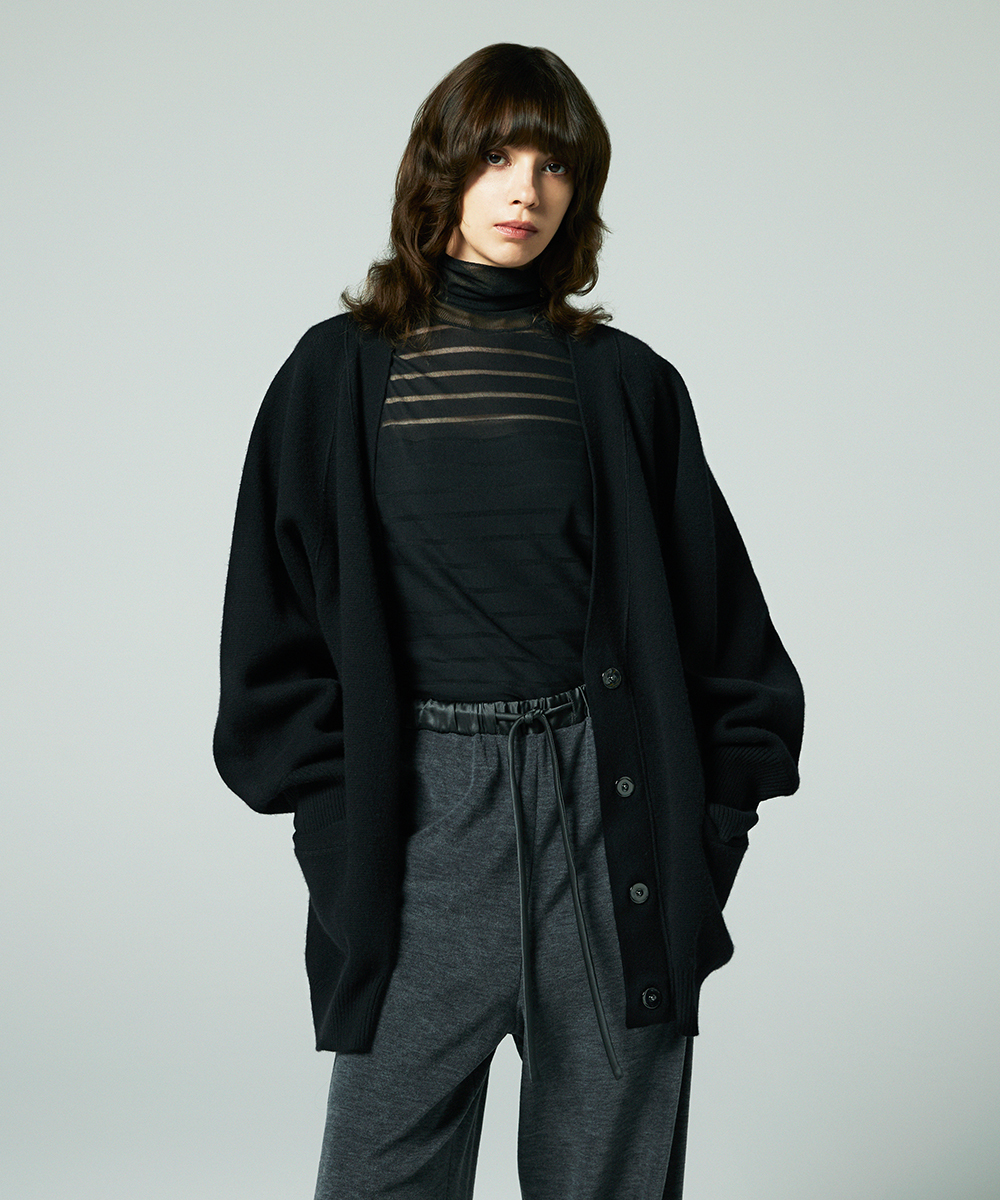 EAUVIRE シアーボーダータートルネックニットプルオーバー ブラック