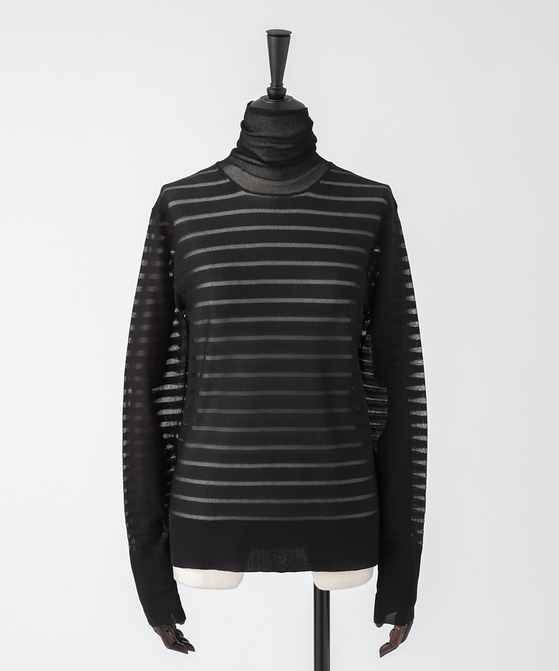 EAUVIRE シアーボーダータートルネックニットプルオーバー ブラック