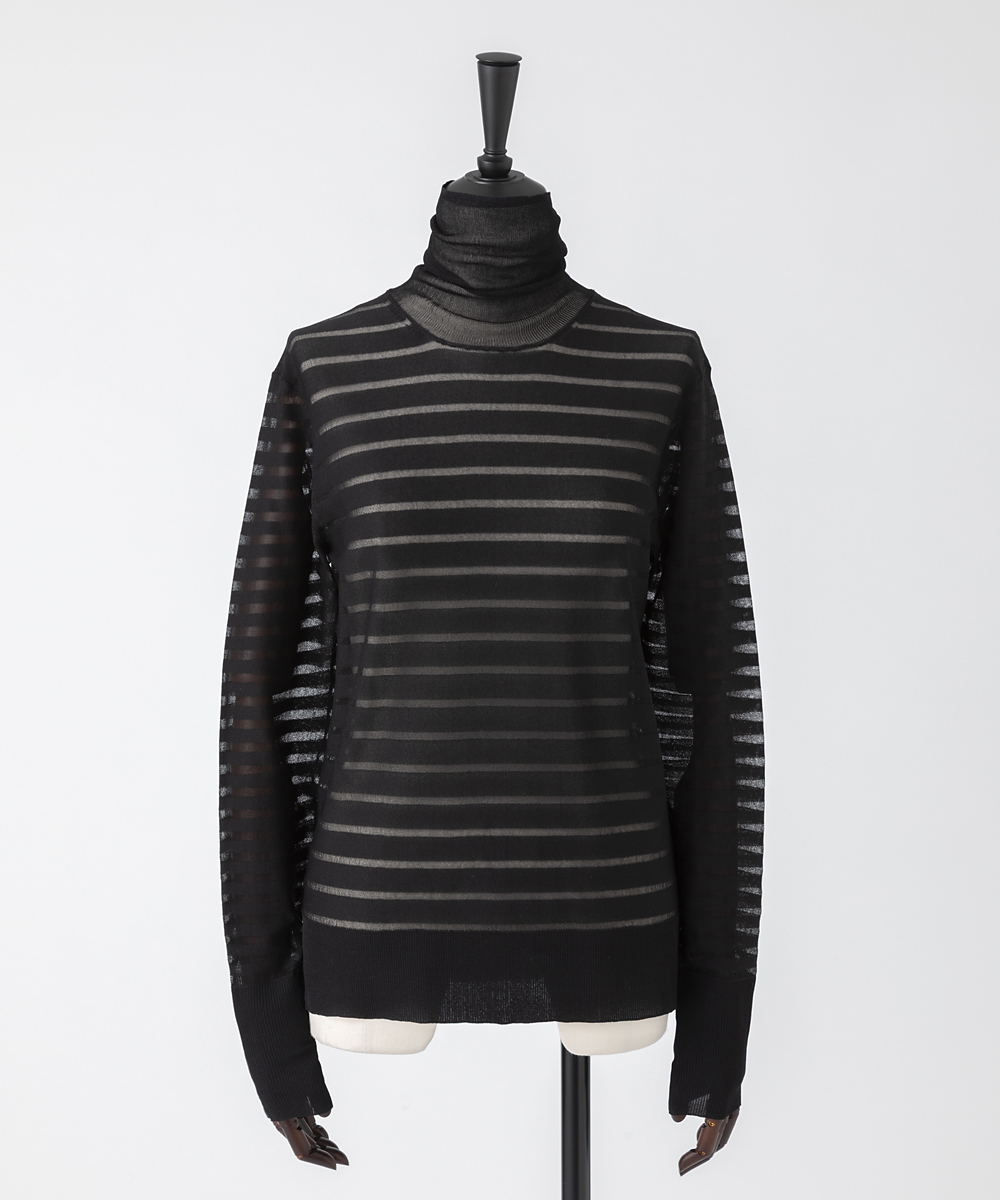 EAUVIRE シアーボーダータートルネックニットプルオーバー ブラック