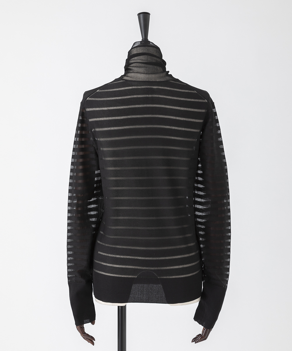 EAUVIRE シアーボーダータートルネックニットプルオーバー ブラック