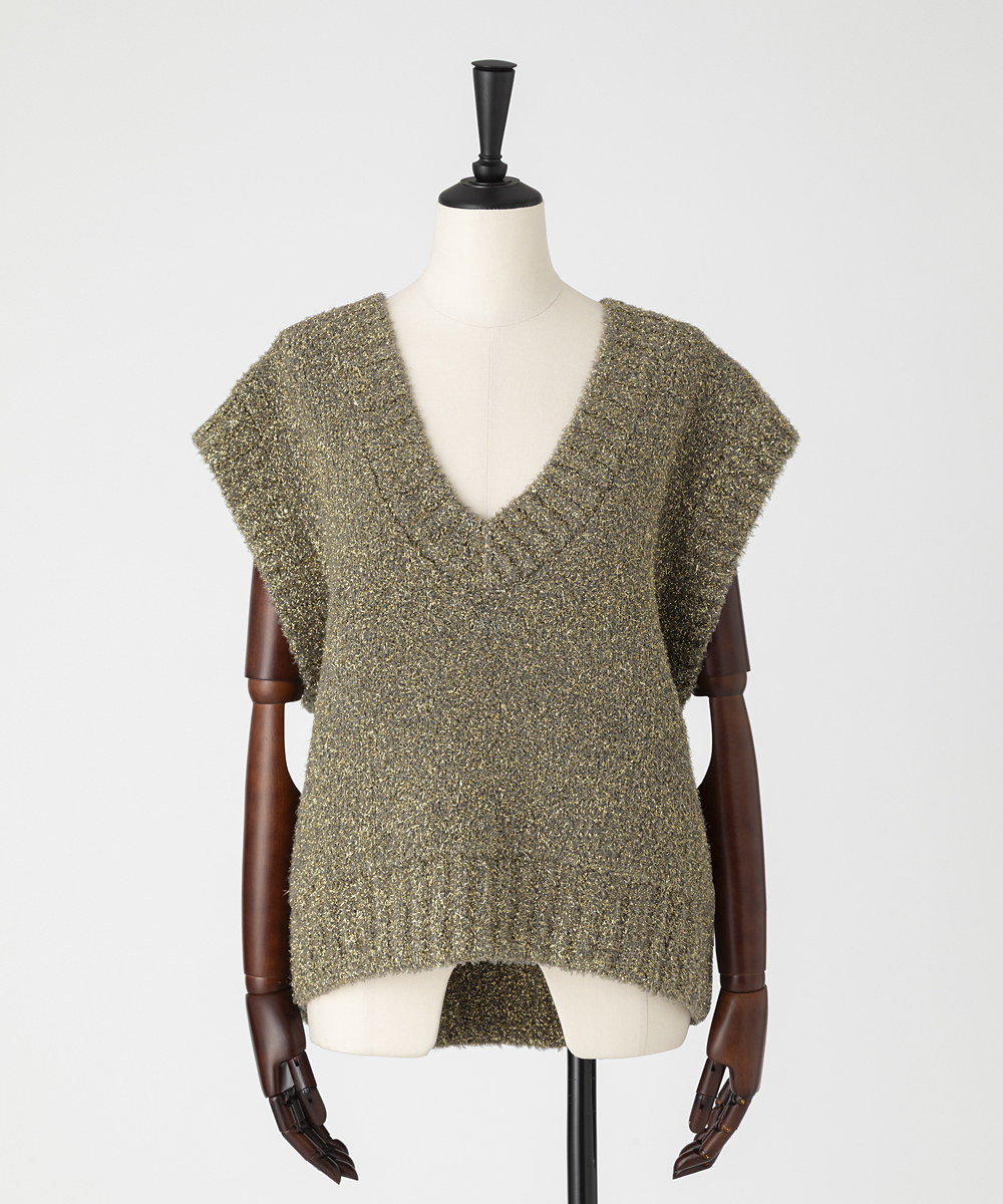 EAUVIRE フィルムラメVネックベスト カーキゴールド