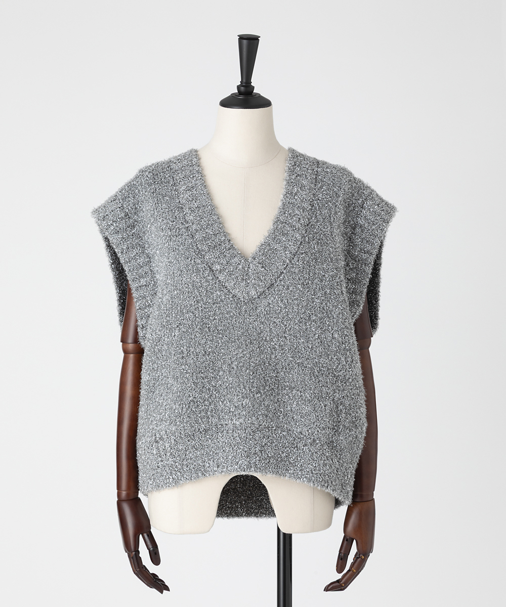 EAUVIRE フィルムラメVネックベスト シルバー
