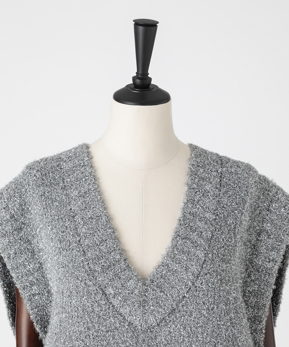 EAUVIRE フィルムラメVネックベスト シルバー