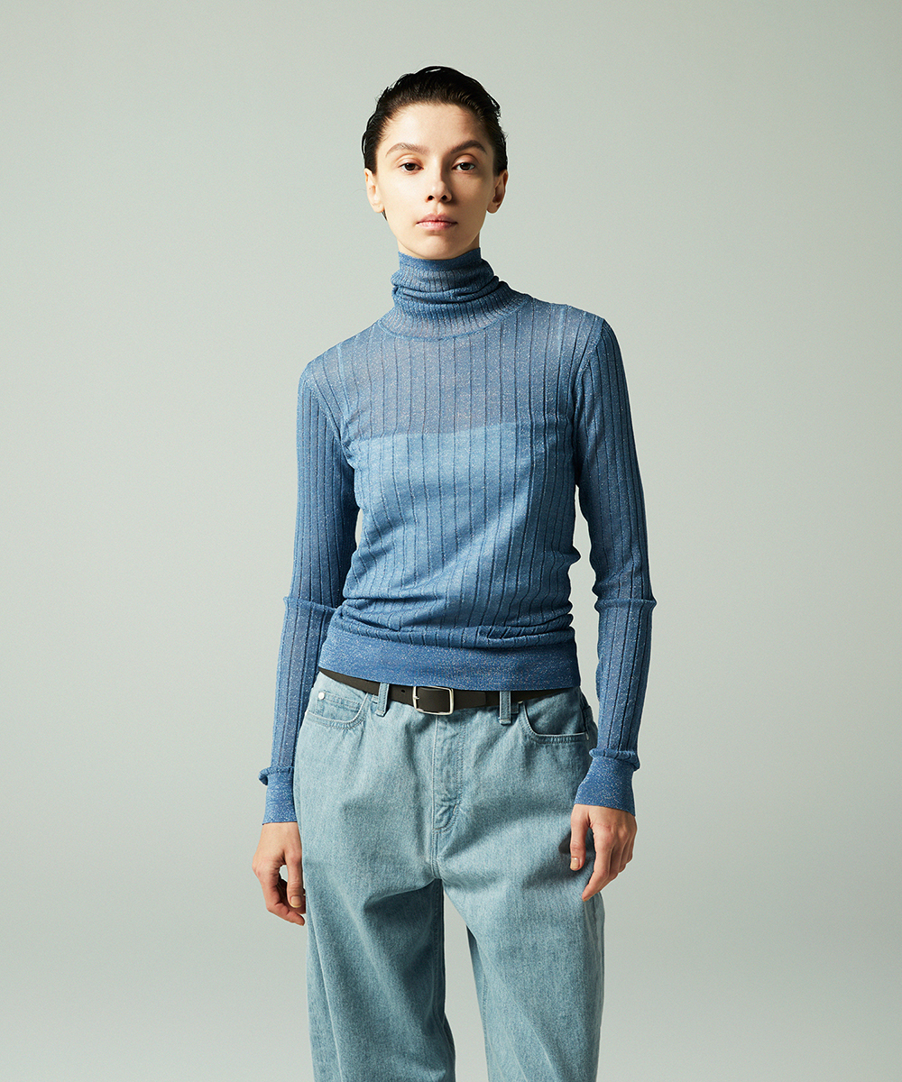 EAUVIRE シアーラメタートルネックニットプルオーバー ブルー