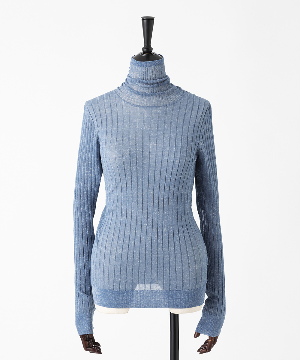 EAUVIRE シアーラメタートルネックニットプルオーバー ブルー