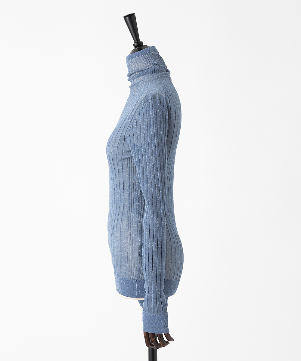 EAUVIRE シアーラメタートルネックニットプルオーバー ブルー