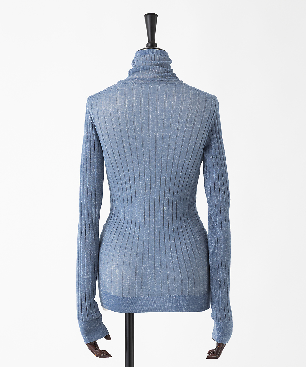 EAUVIRE シアーラメタートルネックニットプルオーバー ブルー