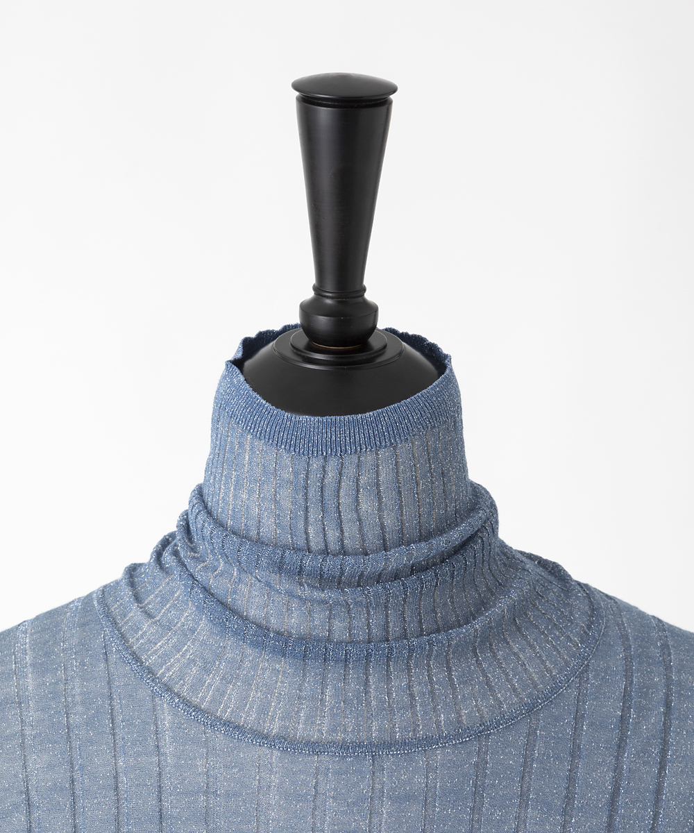 EAUVIRE シアーラメタートルネックニットプルオーバー ブルー