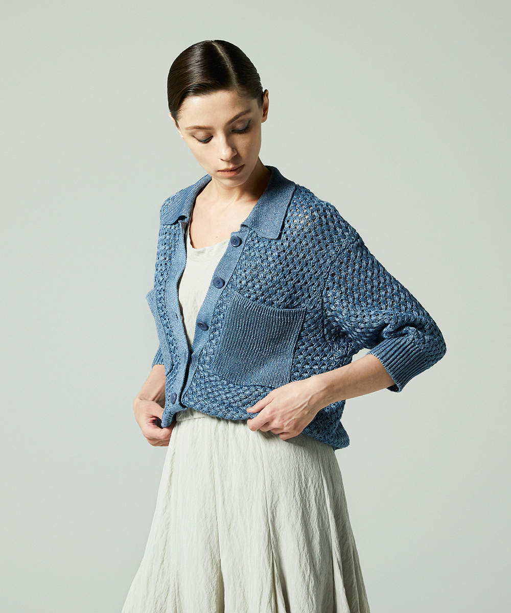 EAUVIRE リネンポロカーディガン ブルー