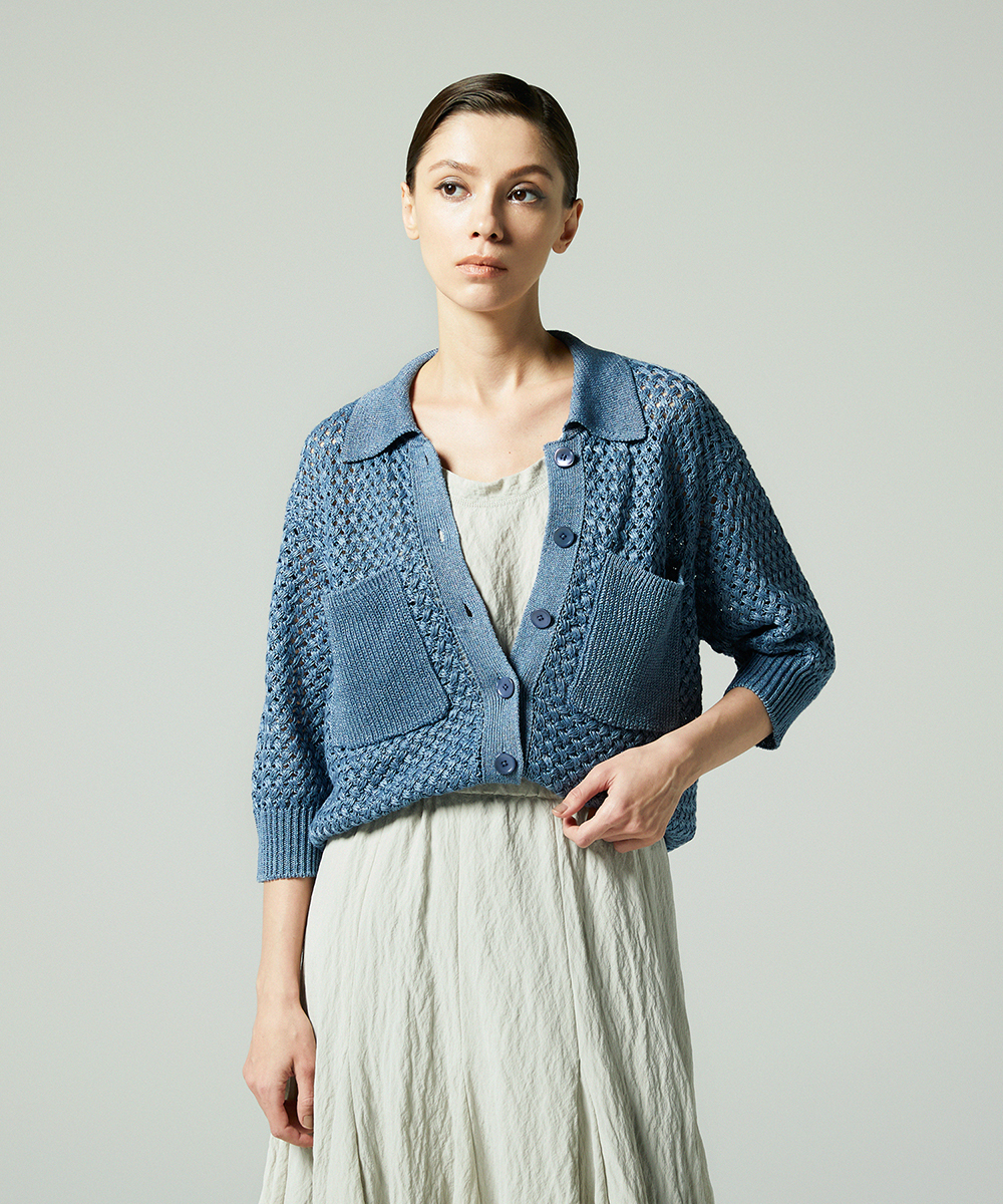 EAUVIRE リネンポロカーディガン ブルー