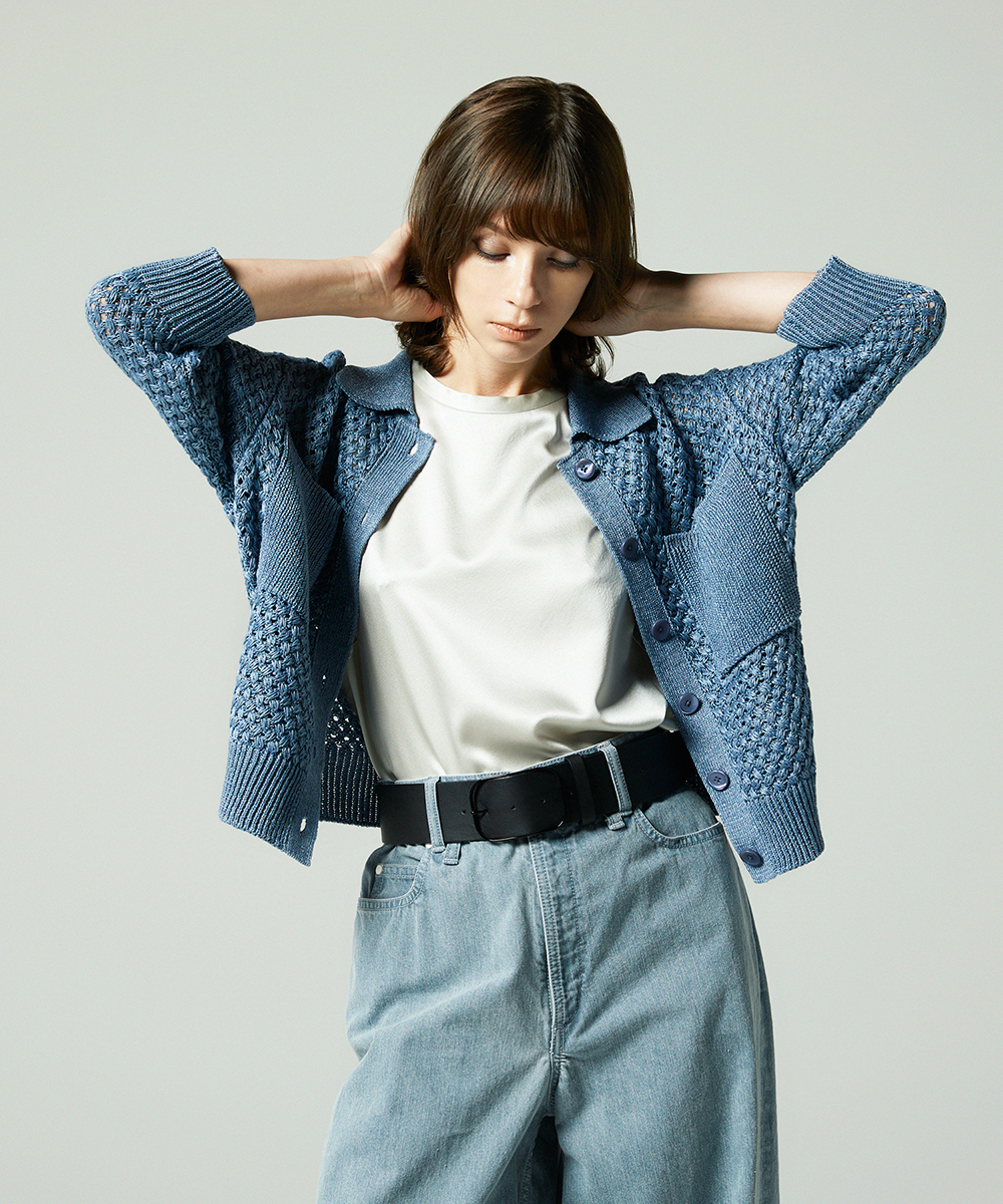 EAUVIRE リネンポロカーディガン ブルー