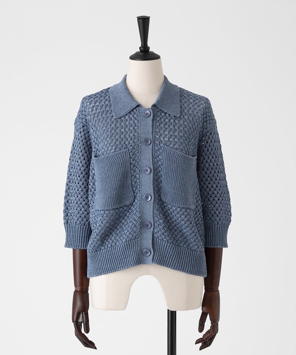 EAUVIRE リネンポロカーディガン ブルー
