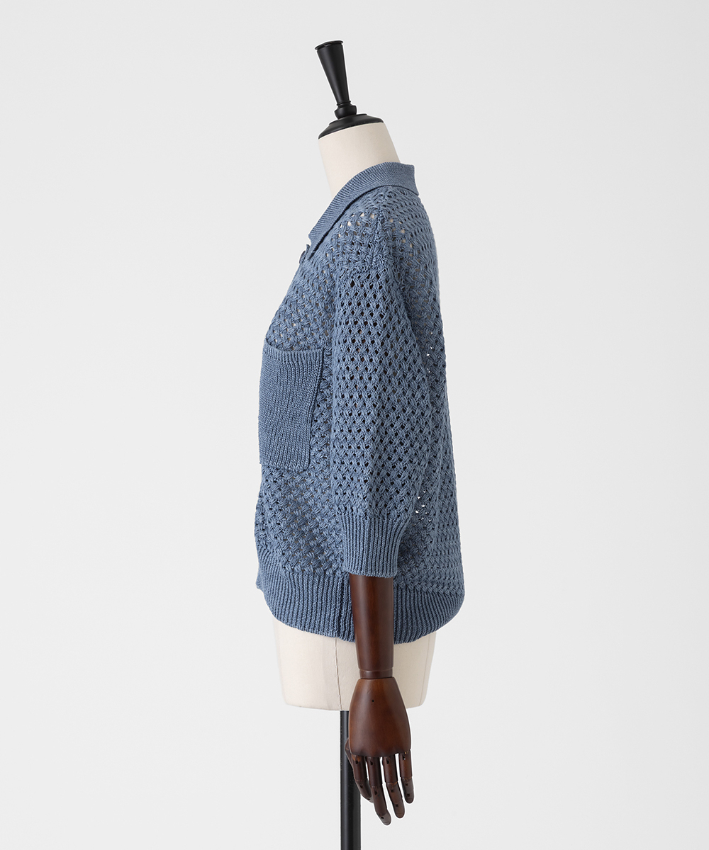 EAUVIRE リネンポロカーディガン ブルー