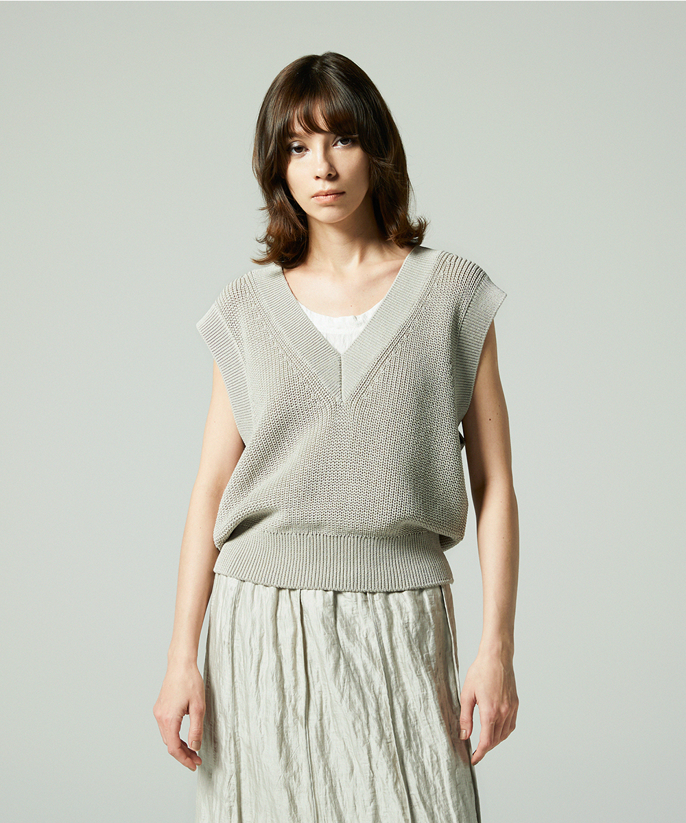 EAUVIRE コットンリネンＶネックベスト セージ