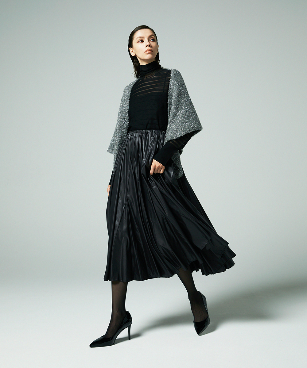 EAUVIRE レザーライクタフタボリュームスカート ブラック