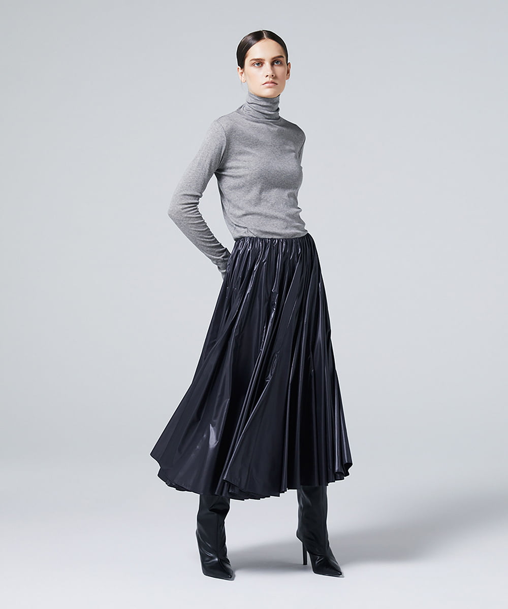 EAUVIRE レザーライクタフタボリュームスカート ブラック