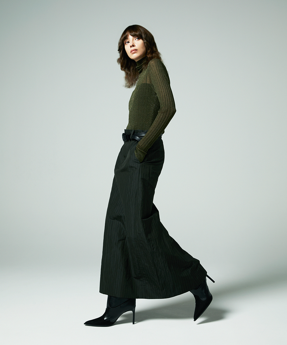 EAUVIRE ストライプバックフレアスカート カーキストライプ