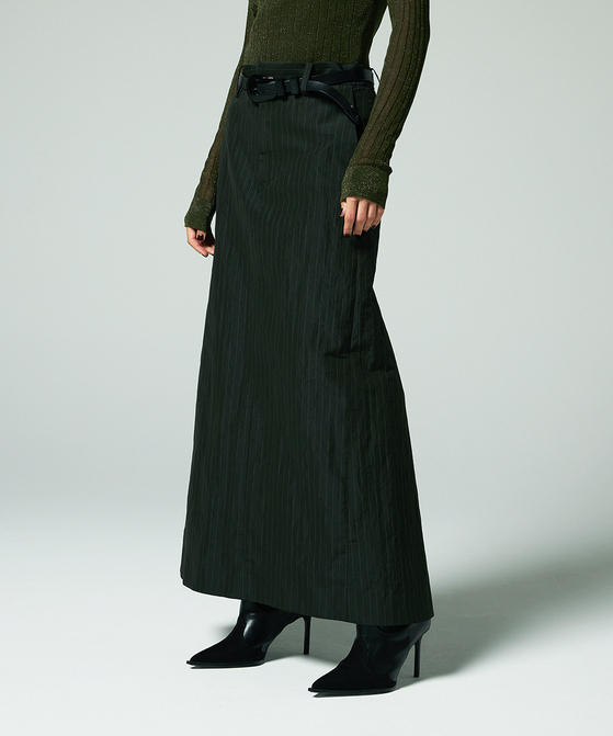 EAUVIRE ストライプバックフレアスカート カーキストライプ