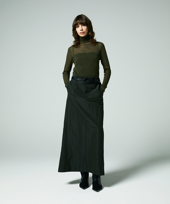 EAUVIRE ストライプバックフレアスカート カーキストライプ