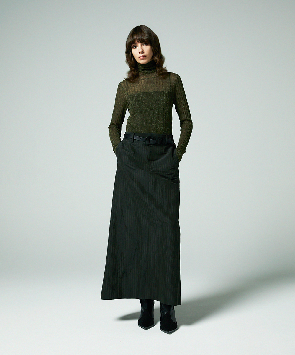 EAUVIRE ストライプバックフレアスカート カーキストライプ