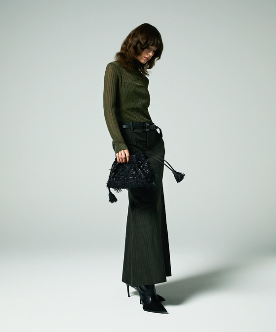 EAUVIRE ストライプバックフレアスカート カーキストライプ