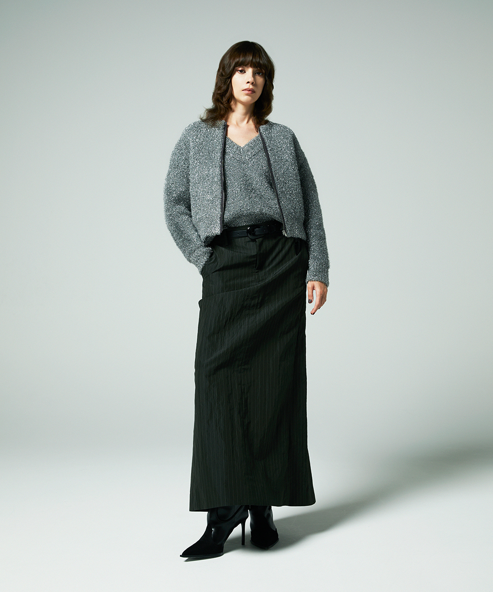 EAUVIRE ストライプバックフレアスカート カーキストライプ