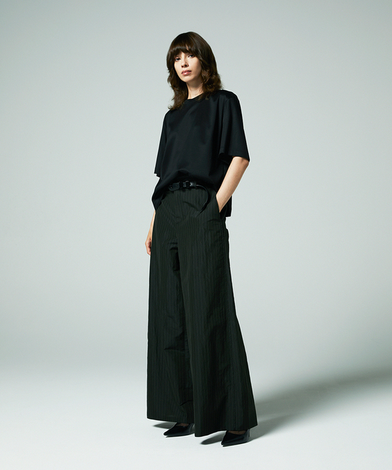 EAUVIRE ストライプワイドパンツ カーキストライプ